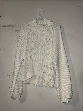 Free People Chunky Cable Knit Mock Neck Sweater XS Ivory Cozy Oversized